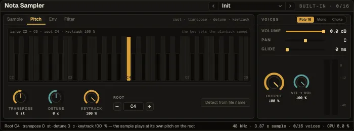 Nota Sampler, Pitch tab with the keyboard and the root key