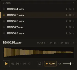 The preview player with a waveform, transport and volume
