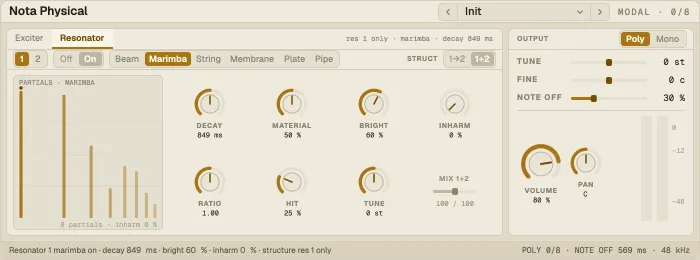Nota Physical, Resonator tab with the partials of the bank