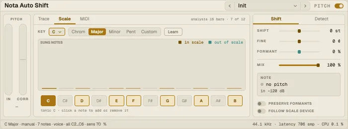 Nota Auto Shift, Scale tab with the sung-note histogram