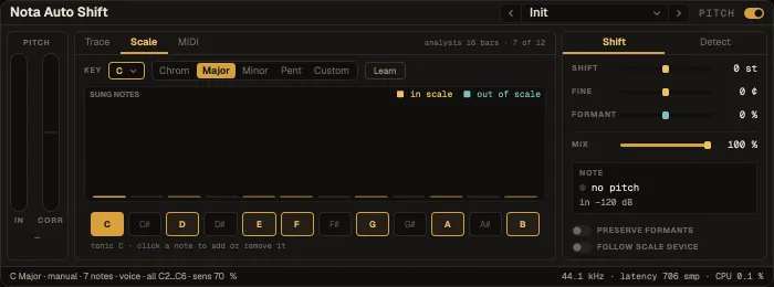 Nota Auto Shift, Scale tab with the sung-note histogram