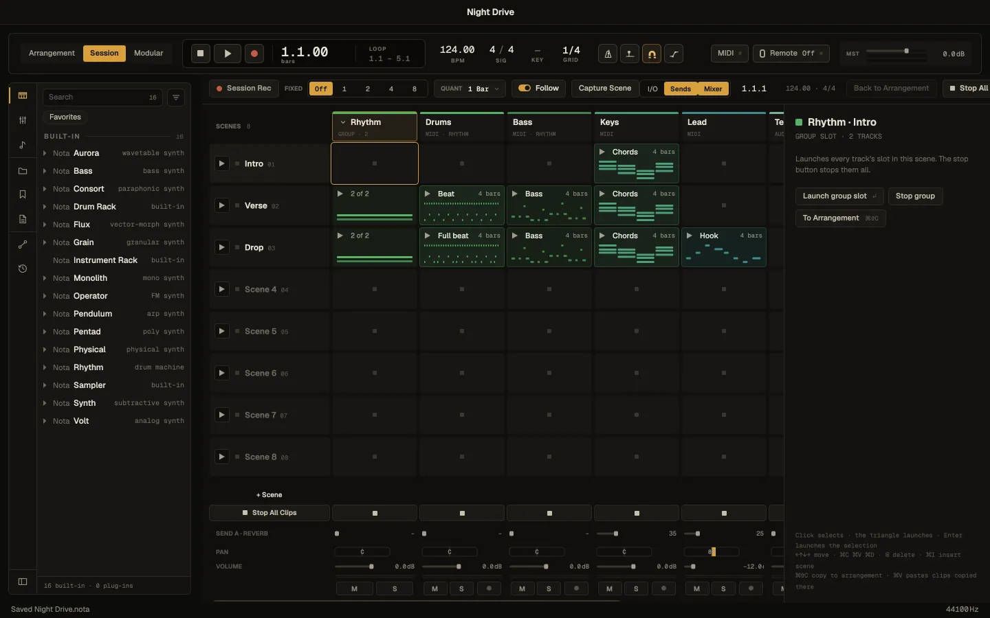 The Session view: scenes Intro, Verse and Drop, the clip grid, the inspector on the right and the mixer under the grid