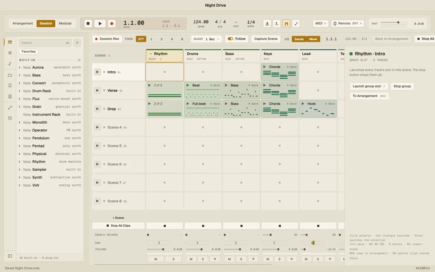 The Session view: scenes Intro, Verse and Drop, the clip grid, the inspector on the right and the mixer under the grid