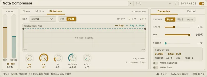 Nota Compressor, Sidechain tab with the key filters