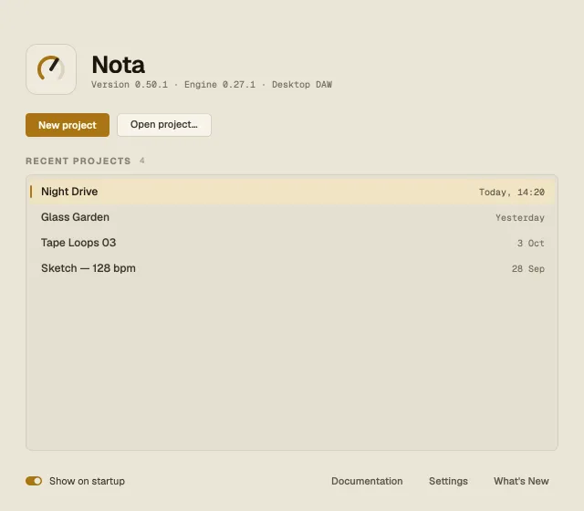 The Nota start window with New project, Open project and a list of recent projects