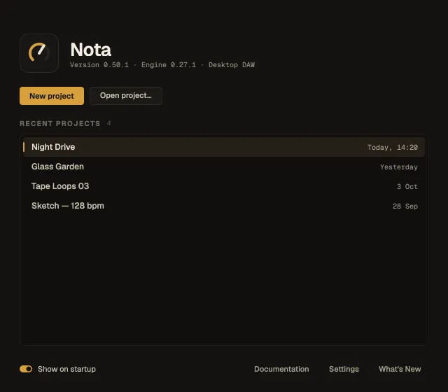 The Nota start window with New project, Open project and a list of recent projects