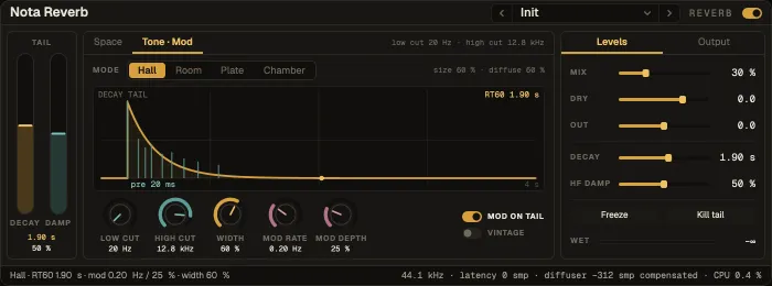 Nota Reverb, Tone · Mod tab