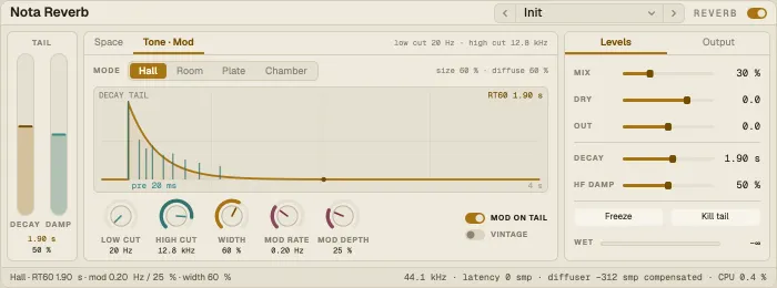 Nota Reverb, Tone · Mod tab