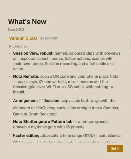 The What's New window listing the highlights of Nota 0.50.1