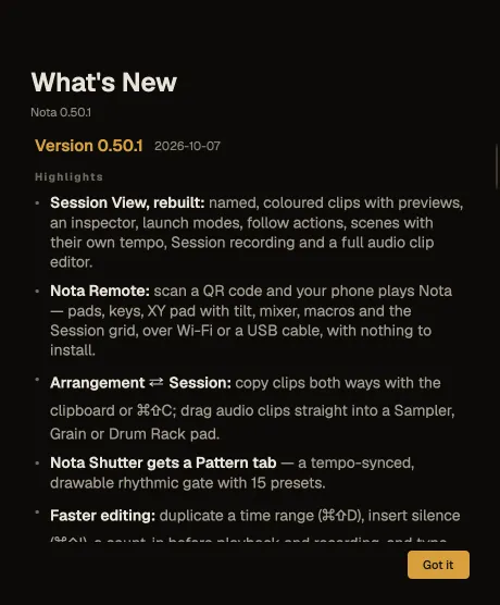The What's New window listing the highlights of Nota 0.50.1